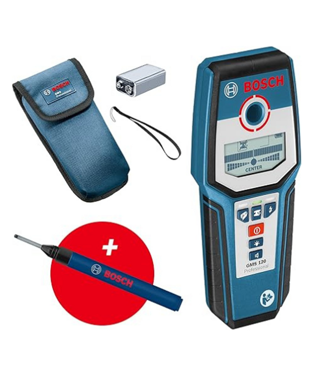 Bosch Professional Stud Finder GMS 120 (Drill Hole Marker, max. Detection Depth Wood/Magnetic Metal/Non-Magnetic Metal/Live Cable: 38/120/80/50 mm, in Cardboard Box)