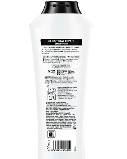 GLISS TOTAL REPAIR champú Shampoo for shiny hair - Hair loss shampoo - Moisturizing shampoo 400 mle