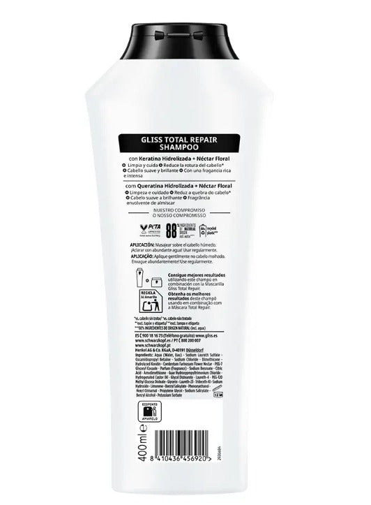 GLISS TOTAL REPAIR champú Shampoo for shiny hair - Hair loss shampoo - Moisturizing shampoo 400 mle