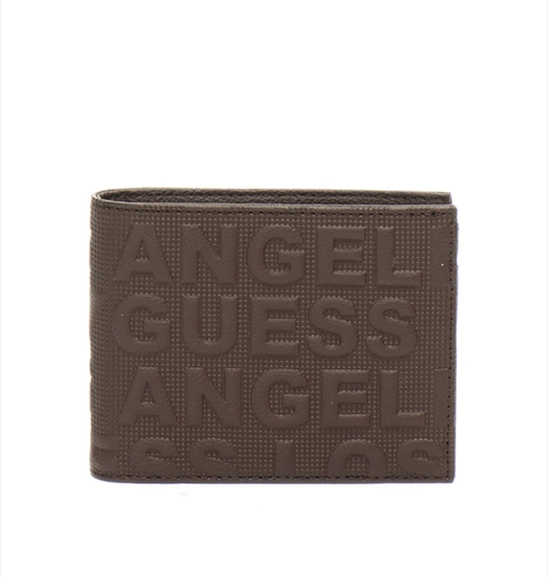 Guess Folding Leather Wallet with Embossed Text Pattern, Dark Brown