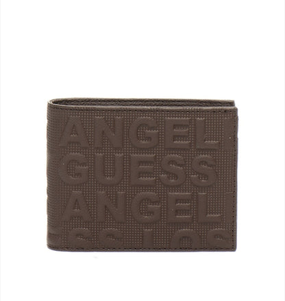 Guess Folding Leather Wallet with Embossed Text Pattern, Dark Brown