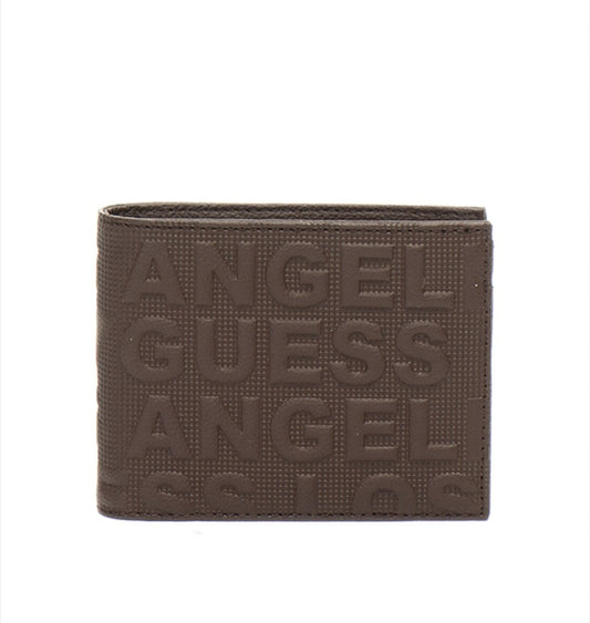 Guess Folding Leather Wallet with Embossed Text Pattern, Dark Brown