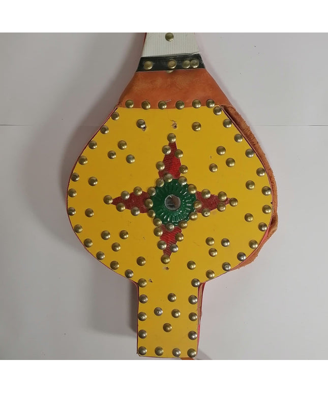 Vintage Middle East Wood & Leather Fireplace Bellows Fire Stroker Yellow