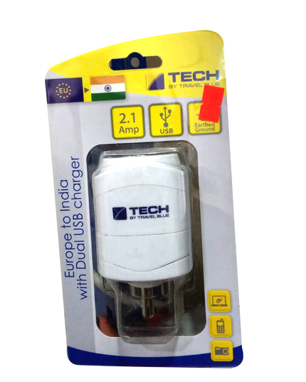TECH TBU-943 Travel Adapter with Dual USB Charger – For Use in India & Europe