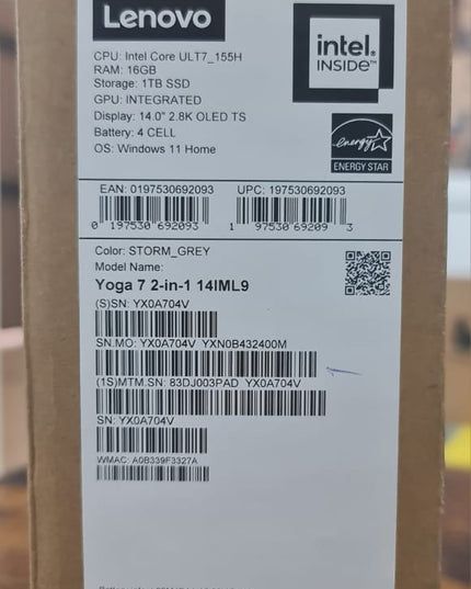 Lenovo Convertible Notebook Yoga 7 2-in-1, 14IML9 -14" OLED Touch Display, Intel U7-155H Processor, 16GB RAM, 1TB SSD, Integrated Intel® Arc™ Graphics, Win11, Storm Grey