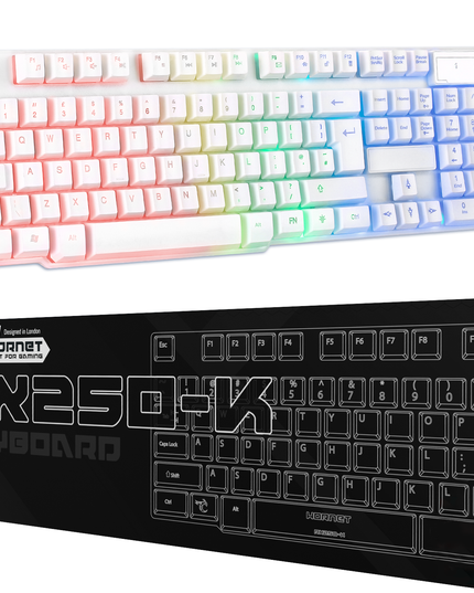 Orzly White Gaming Keyboard RGB USB Wired Rainbow Keyboard Designed for PC Gamers, PS4, PS5, Laptop, Xbox, Nintendo Switch, RX-250 Hornet Edition
