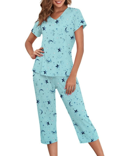 SIZE XL - Zando 2 Piece Womens Short Sleeve Pajama Sets for Women Soft Sleepwear Tops with Capri Pants Loungewear 2 Piece Pj Set Green Star