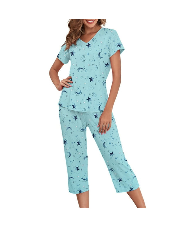 SIZE XL - Zando 2 Piece Womens Short Sleeve Pajama Sets for Women Soft Sleepwear Tops with Capri Pants Loungewear 2 Piece Pj Set Green Star