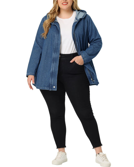 SIZE: 3XL - Agnes Orinda Women's Plus Size Layered Drawstring Hood Denim Utility Jacket with Pockets Blue