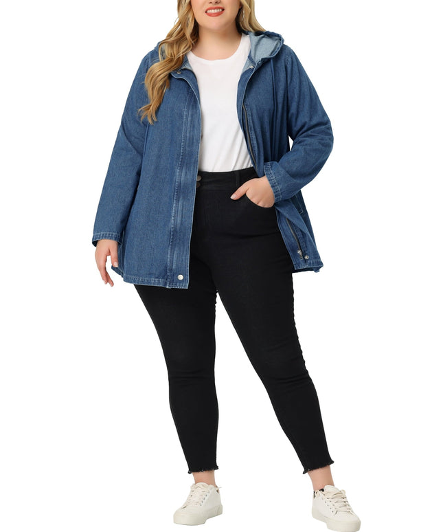 SIZE: 3XL - Agnes Orinda Women's Plus Size Layered Drawstring Hood Denim Utility Jacket with Pockets Blue