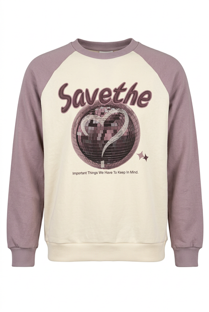 Diyana women's cream sweatshirt with mauve raglan sleeves and disco ball graphic