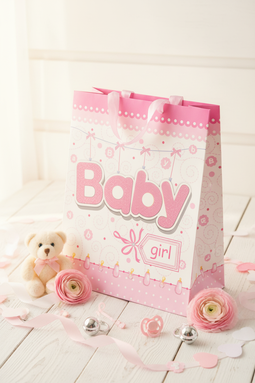 Baby girl pink gift bag styled with teddy bear and flowers
