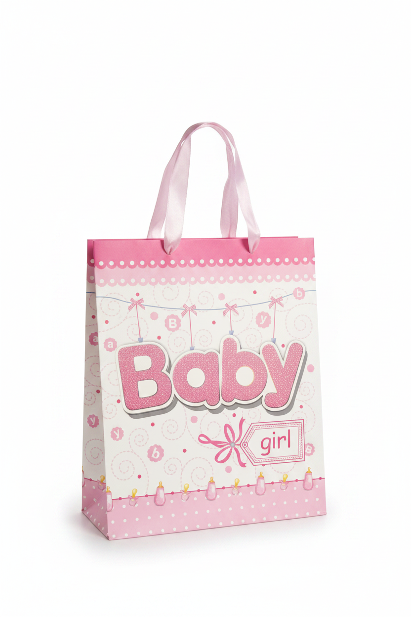 Baby girl pink and white gift bag with ribbon handles, angled view