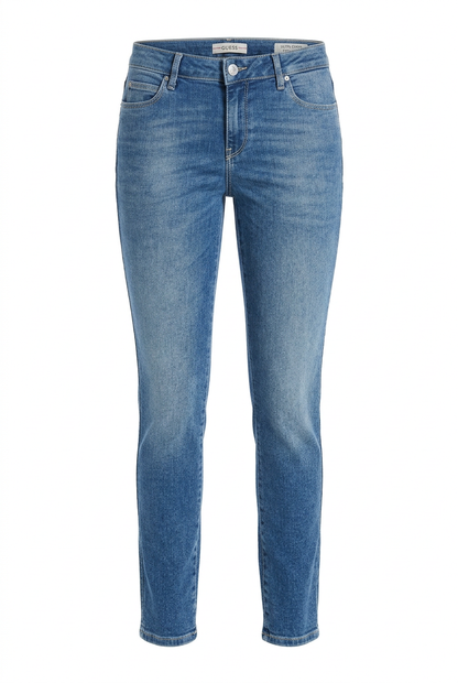 Guess 1981 medium blue high-waist skinny jeans, front view on white background