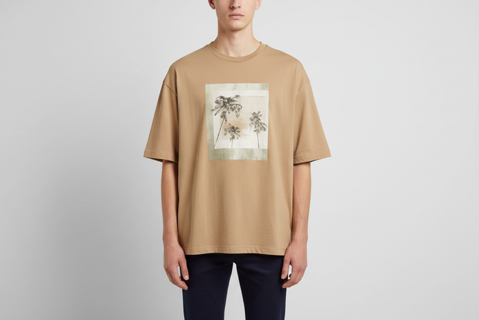 Clearance of T-Shirt – Beige Summer Oversized with Palm Tree Graphic