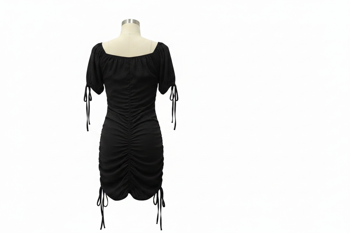 Back view of black ruched Diyana Secret dress with drawstring ties