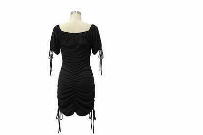 Back view of black ruched Diyana Secret dress with drawstring ties