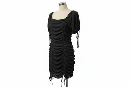 Black ruched bodycon Diyana Secret dress with square neckline on mannequin, front view