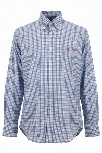 Blue plaid shirt with dark pink logo