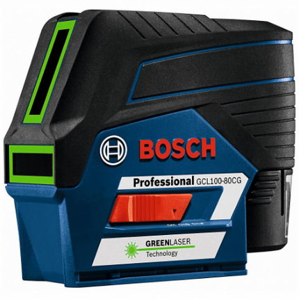 BOSCH GCL100-80CG Cross Line Laser Kit, 3 Beams, 1 Dots, 2 Lines, Green, 100 Ft Range Without Detector
