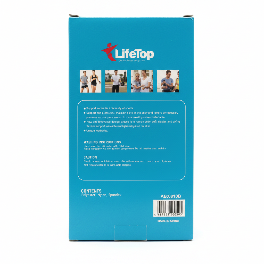 Back of blue Life Top waist support box with instructions