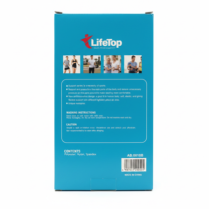 Back of blue Life Top waist support box with instructions