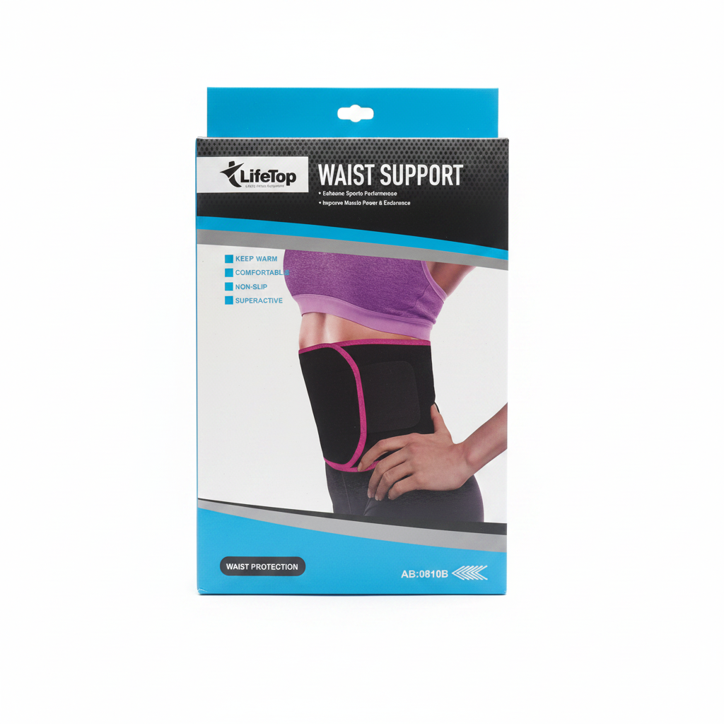 Life Top waist support in blue and white retail box, front view
