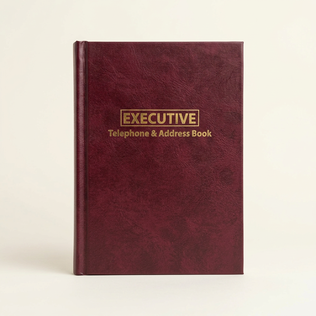 Burgundy Executive telephone and address book, front cover with gold lettering
