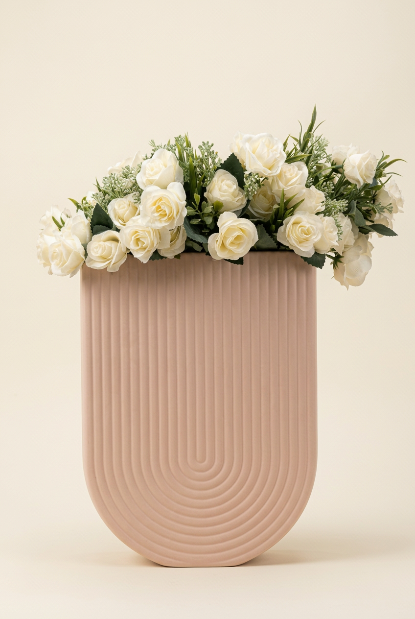 Modern Ribbed Arch Ceramic Vase with Faux White Roses