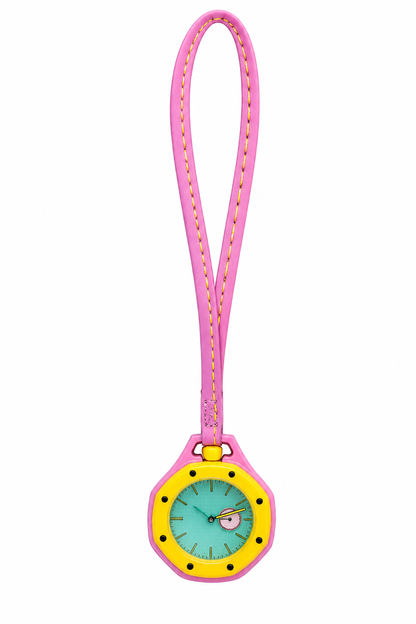 Urban Pop hanging pocket watch with pink strap and yellow case, turquoise dial
