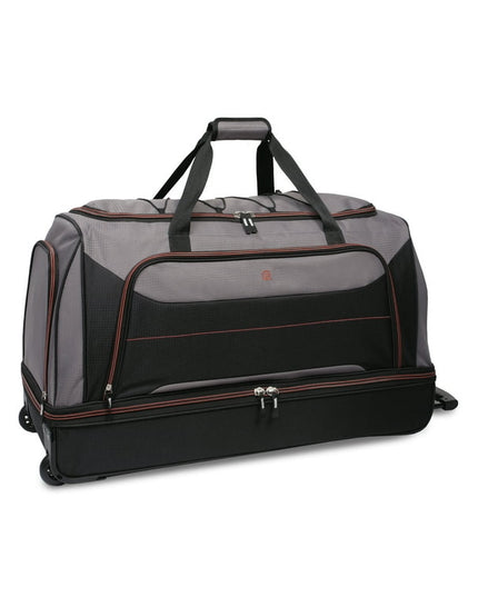 Protege Rolling Drop-Bottom Duffel Bag for Travel, 30 in, Black and Grey