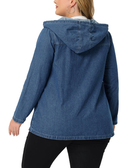 SIZE: 3XL - Agnes Orinda Women's Plus Size Layered Drawstring Hood Denim Utility Jacket with Pockets Blue