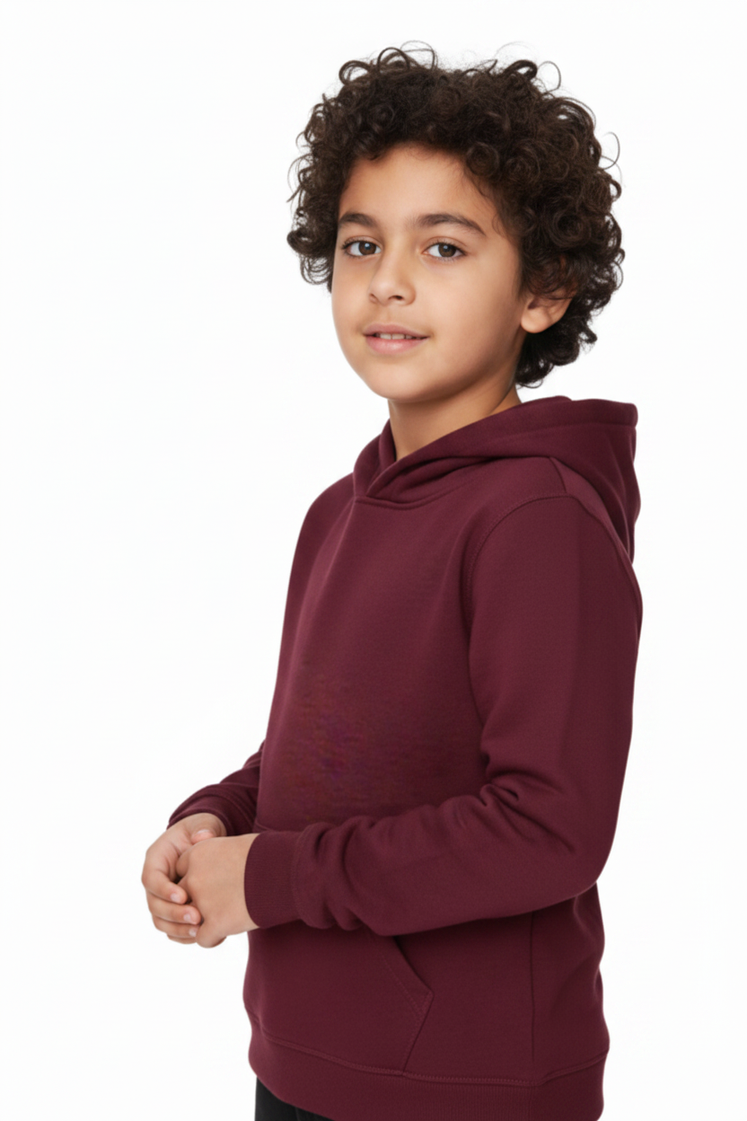 Child in burgundy hoodie - different angle