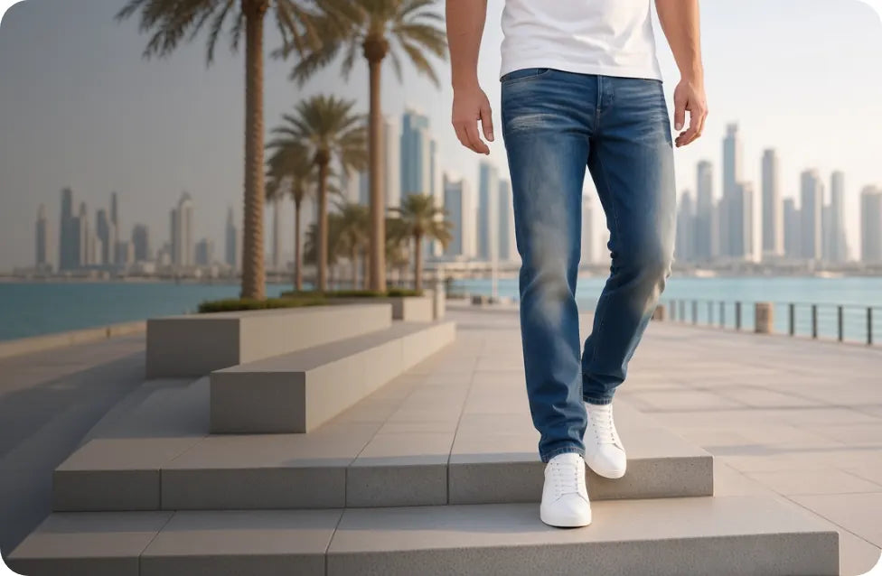 Man wearing mid-blue denim jeans and white sneakers on a waterfront promenade