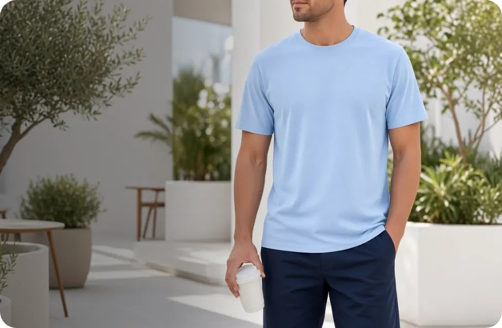 Man wearing a light blue t-shirt and navy shorts on a cafe terrace