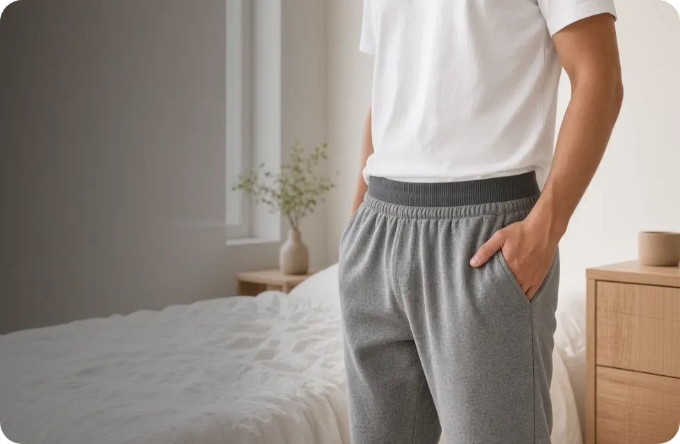 Man in a white t-shirt and grey joggers showing a plain trunk waistband