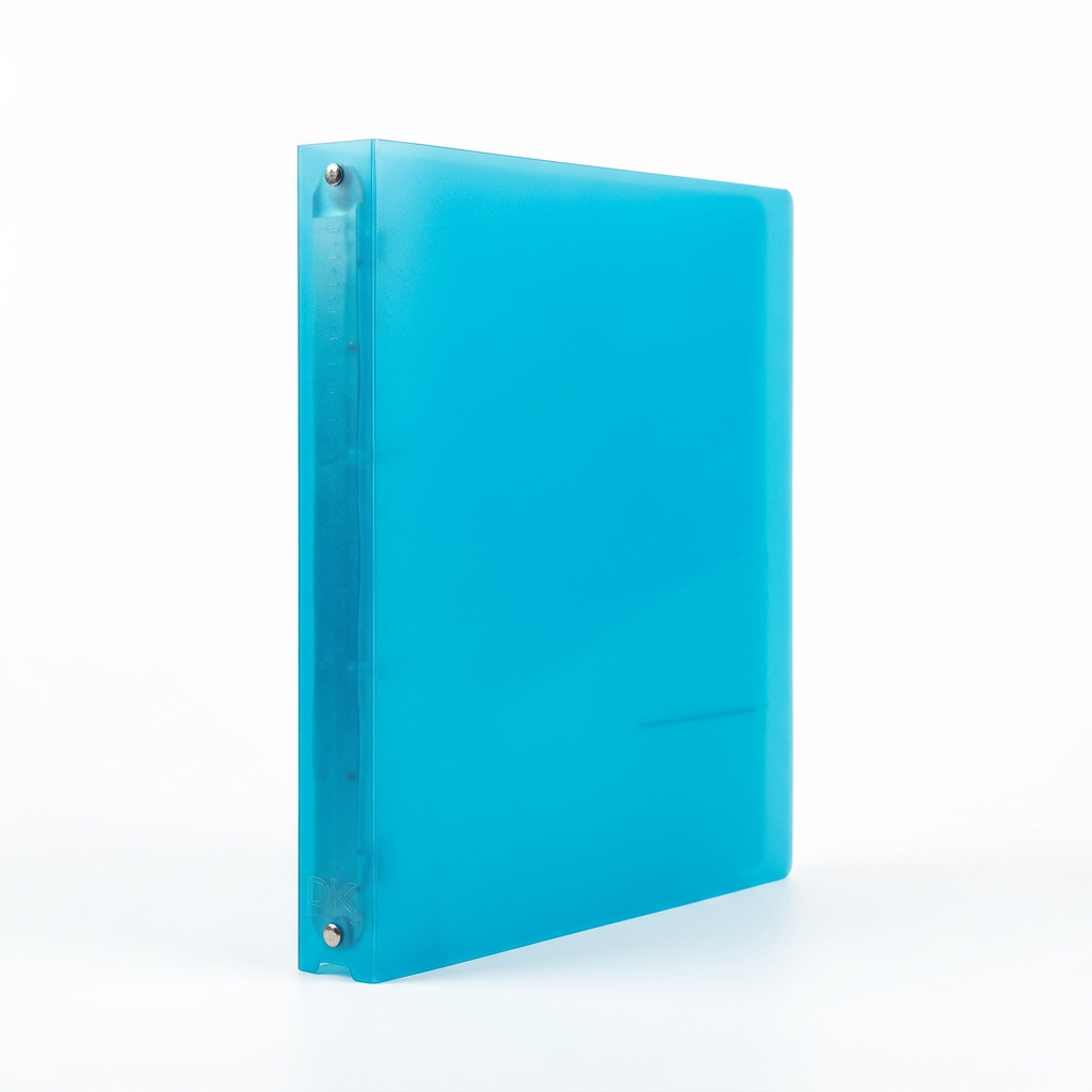 Closed blue binder on a white studio background