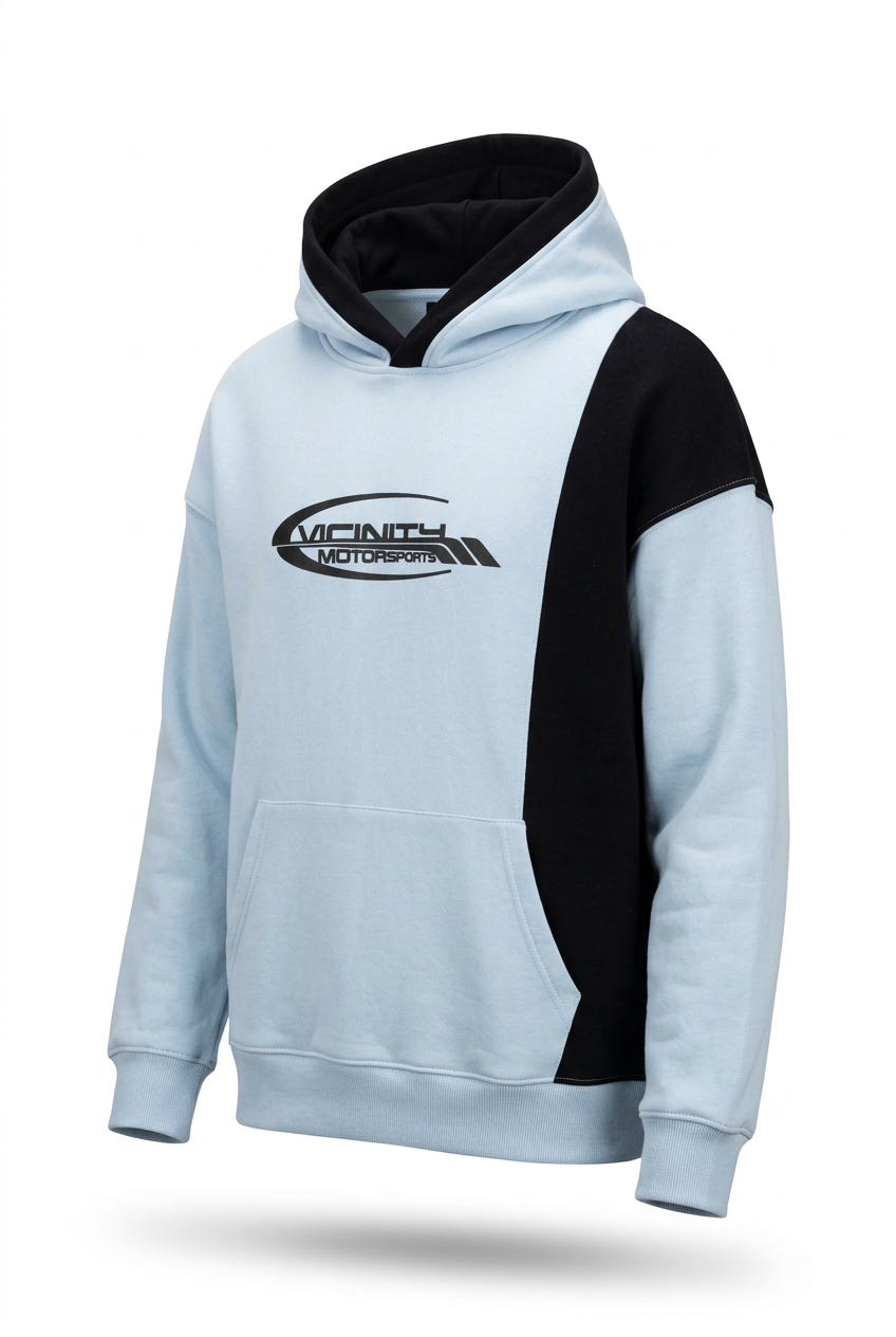 Momento sky blue and black hooded sweatshirt, angled view