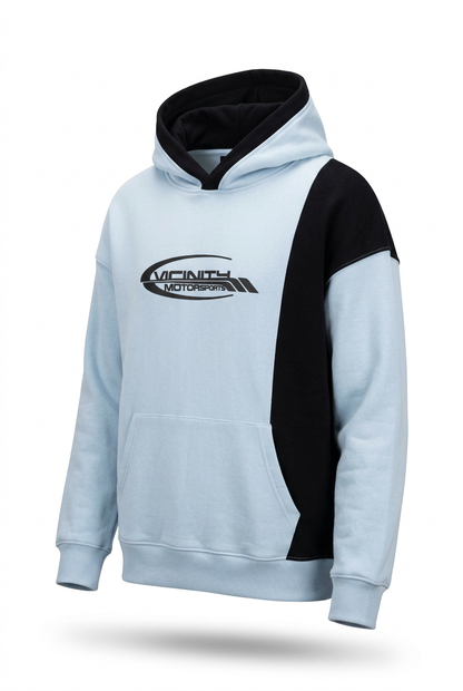 Momento sky blue and black hooded sweatshirt, angled view