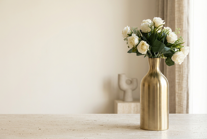 Modern Gold Metallic Vase with Faux White Rose Bouquet