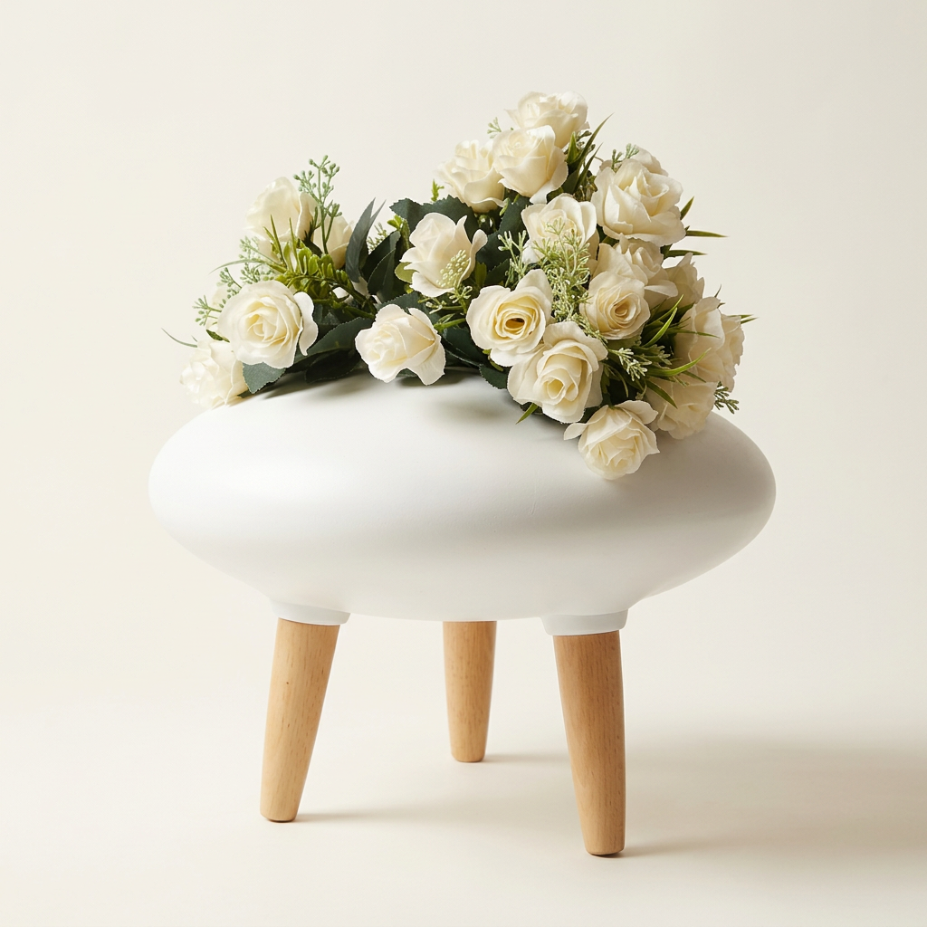 Contemporary Ceramic Pedestal Vase with Faux White Roses