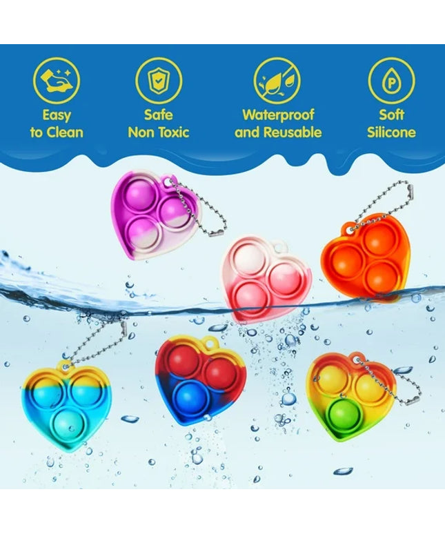 32 Pack Valentine’s Day Pop Fidget Keychain Toys – Mini Heart-Shaped Fidget Party Favors with Valentine Cards & Goodie Bags for Kids, Classroom Exchange, Boys & Girls