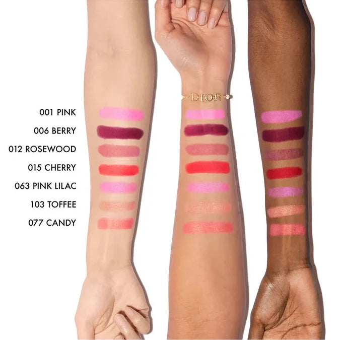 Dior Rosy Glow blush swatches on three arm skin tones