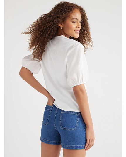 SIZE: XS - Free Assembly Women’s Henley Tee with Short Puff Sleeves