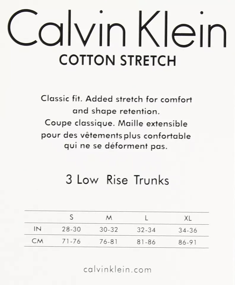 Calvin Klein Men’S Low Rise Trunks 3-Pack Classic Fit, Cotton Stretch Underwear