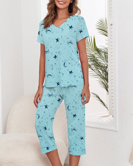 SIZE XL - Zando 2 Piece Womens Short Sleeve Pajama Sets for Women Soft Sleepwear Tops with Capri Pants Loungewear 2 Piece Pj Set Green Star