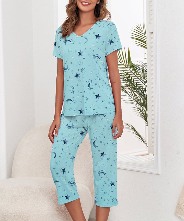 SIZE XL - Zando 2 Piece Womens Short Sleeve Pajama Sets for Women Soft Sleepwear Tops with Capri Pants Loungewear 2 Piece Pj Set Green Star