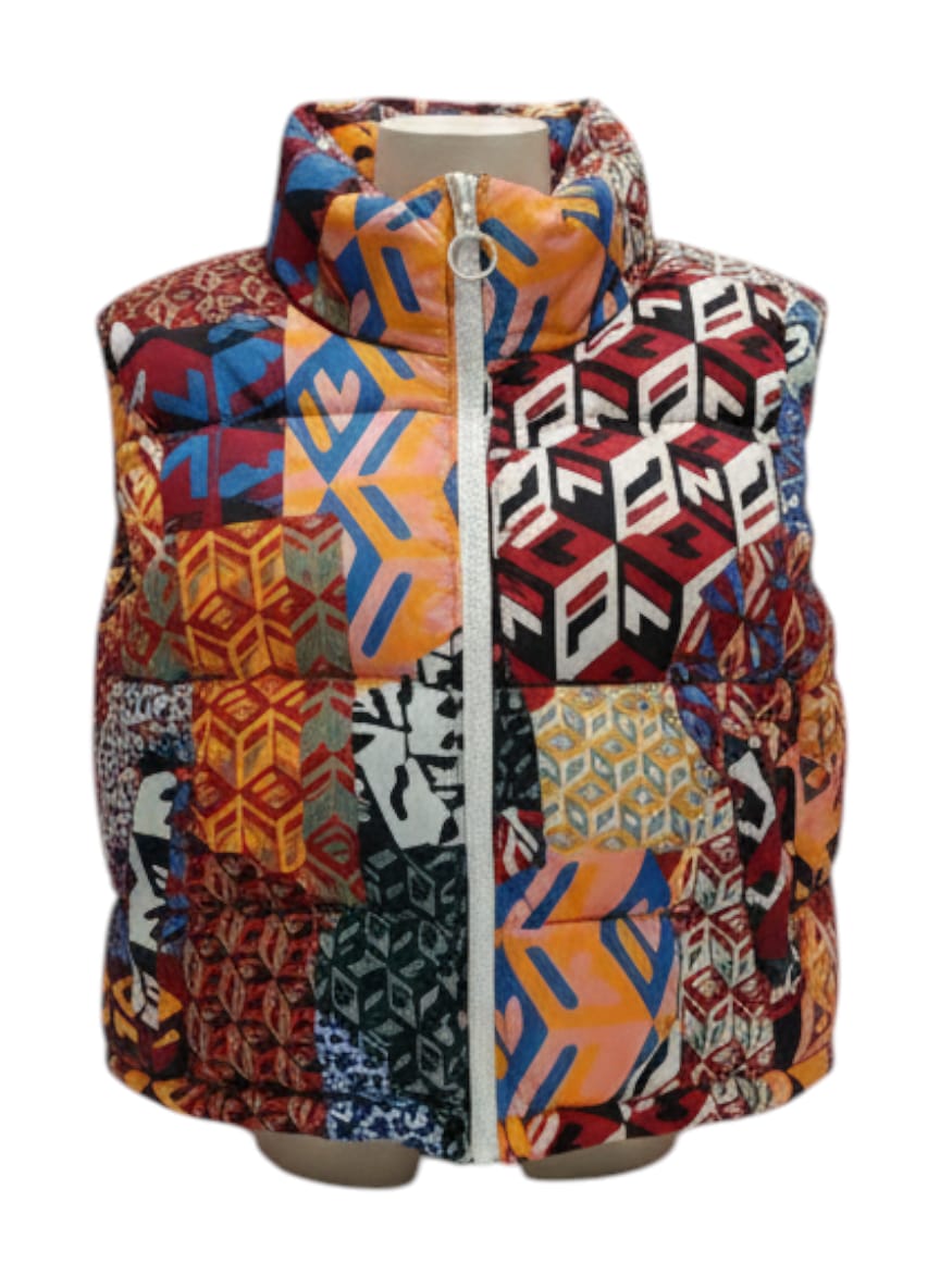 Fila puffer vest with sleeves removed, colourful patchwork print