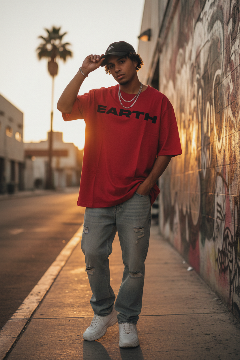 Man wearing BS Style deep red Earth graphic t-shirt and cap in street