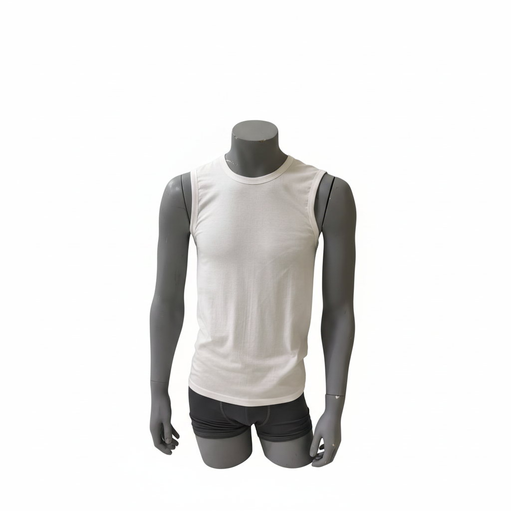 Male half-body grey torso mannequin wearing white tank top